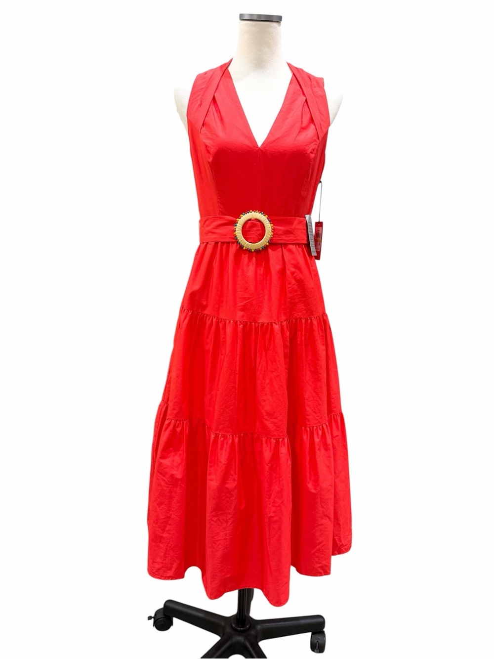 Vince Camuto Pleat Neck Cotton Midi Dress Belted Tiered Poppy Red 4 NWT - Picture 2 of 16